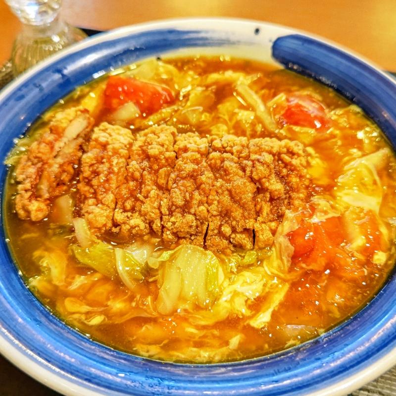 鶏竜田の黒酢酸辣うどん(味の民芸 丸山台店)